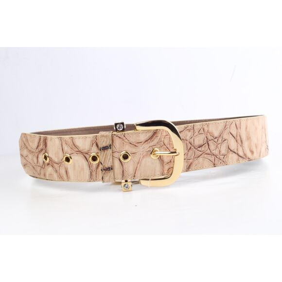 Beige Embossed Leather Wide Adjustable Waist Belt Size 46 Gold Buckle main image 7